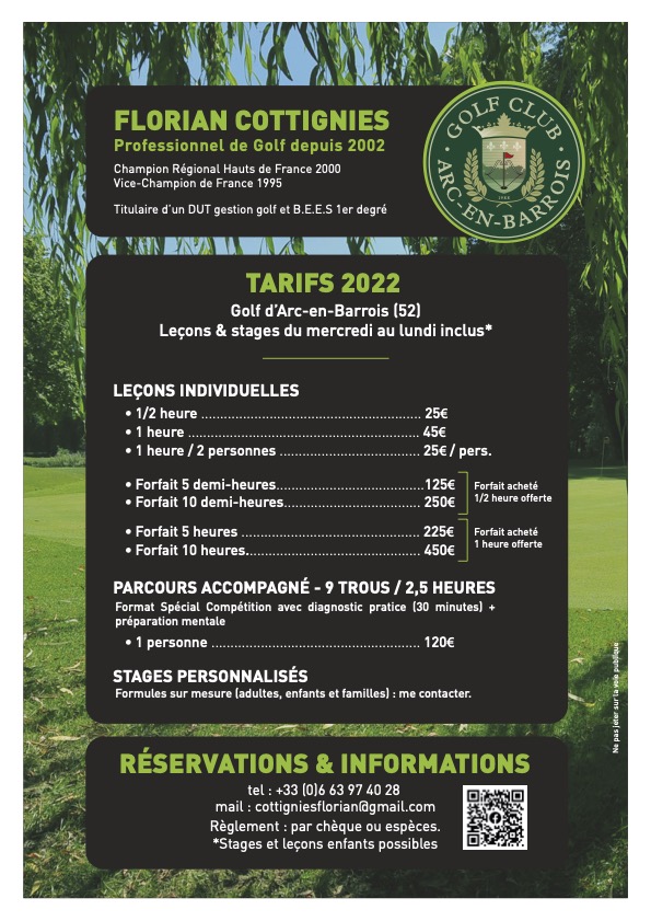 tarifs pro golf arc